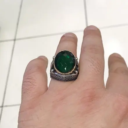 Emerald green Big Oval Cut Tuğra Silver Men 'S Ring