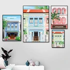 Сингапур путешествия мультфильм постер Shophouse печать фотографии векторное настенное искусство холст живопись современный скандинавский домашний декор гостиной