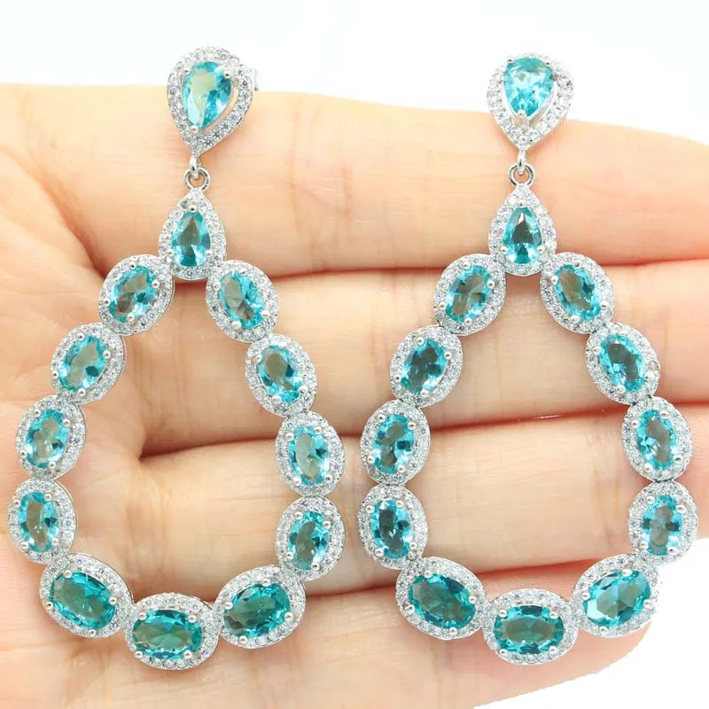 

62x35mm Elegant Long Big 16g Rich Blue Aquamarine London Blue Topaz Women Engagement Dating Silver Earrings