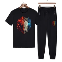 cinsy mens men set 2021 solid oversized causal outfits of summer wear lion diamond print t shirt and pant for men