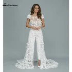 Женский кружевной комбинезон с коротким рукавом, юбка до пола с круглым вырезом и открытой спиной со шлейфом с цветами, Свадебный комбинезон, 2022