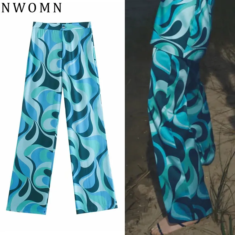 

NWOMN Za Women Pant Blue Print High Waist Woman Trousers Wide Leg Pants Women Fashion Summer Straight Streetwear Loose Pants