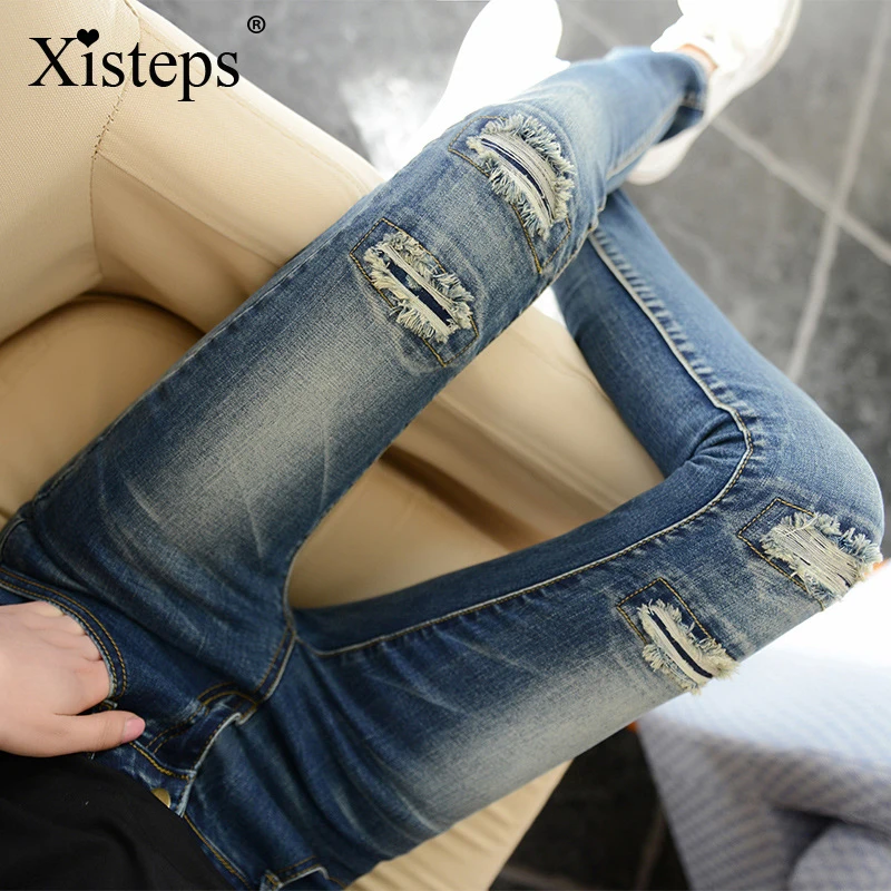Новые осенние рваные джинсы-карандаш Xisteps с дырками для женщин облегающие синие