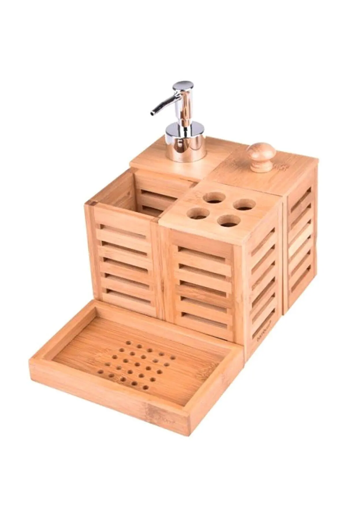 4 piece Bamboo Bathroom Set Cleaning Nordic Wood Material Soap Dispenser Tooth Brush Holder Liquid Soap Dispenser Natural Pump Push enlarge