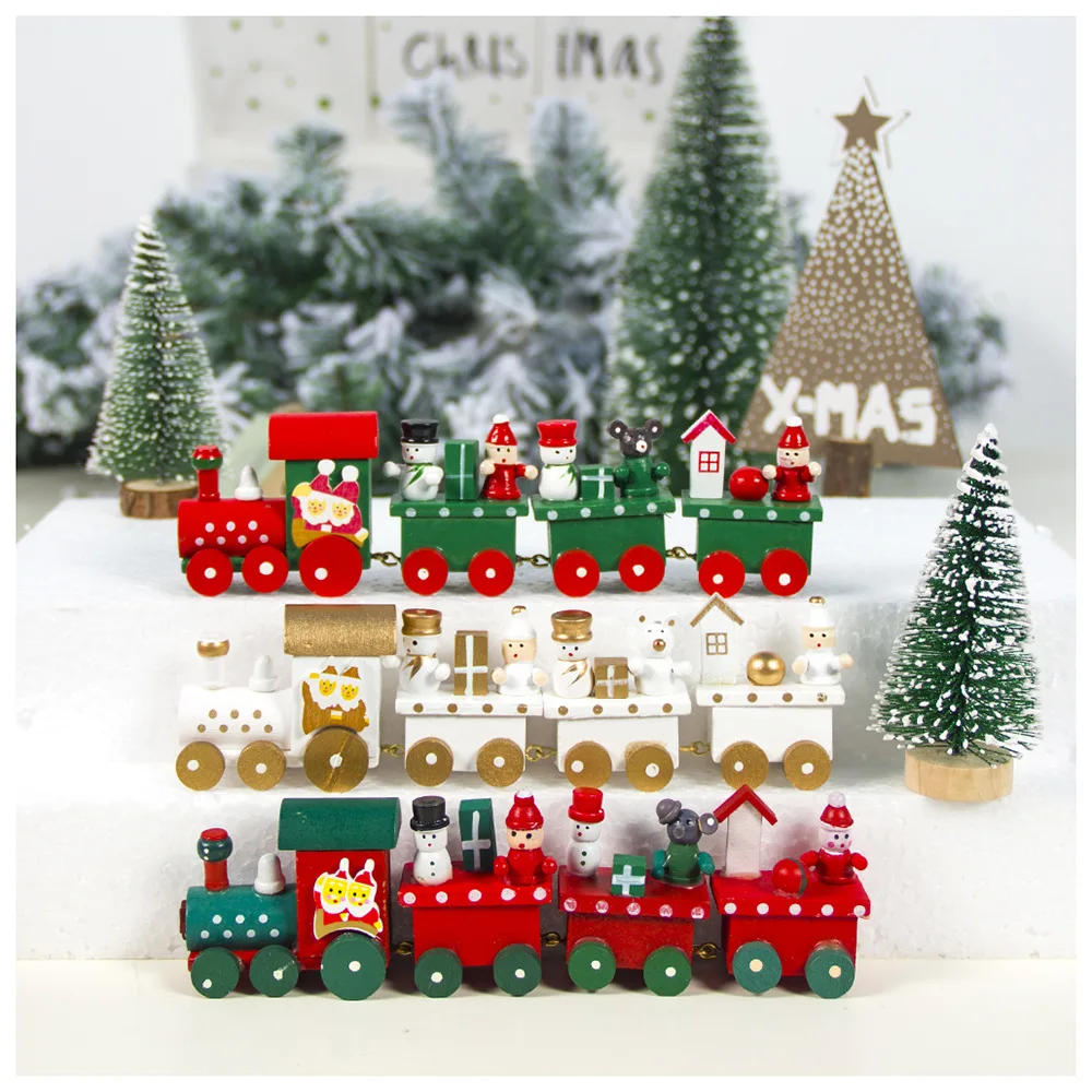 Деревянные украшения для Рождества с изображением маленького поезда 3 цвета