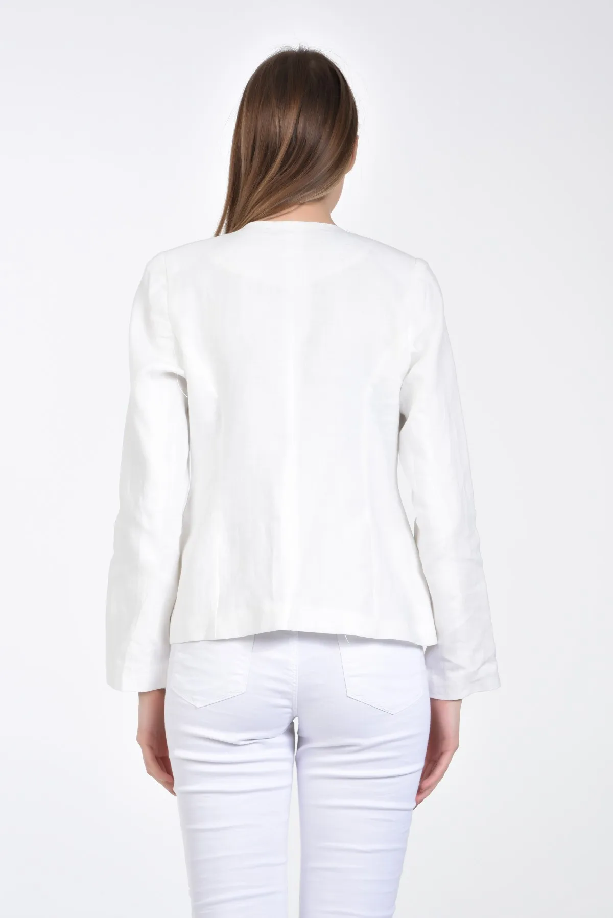 

PYRO Women's White Long Sleeve Inside Lined Pocket Zipper Detailed Shoulder Padded Linen Jacket Fashion Trend Business Life