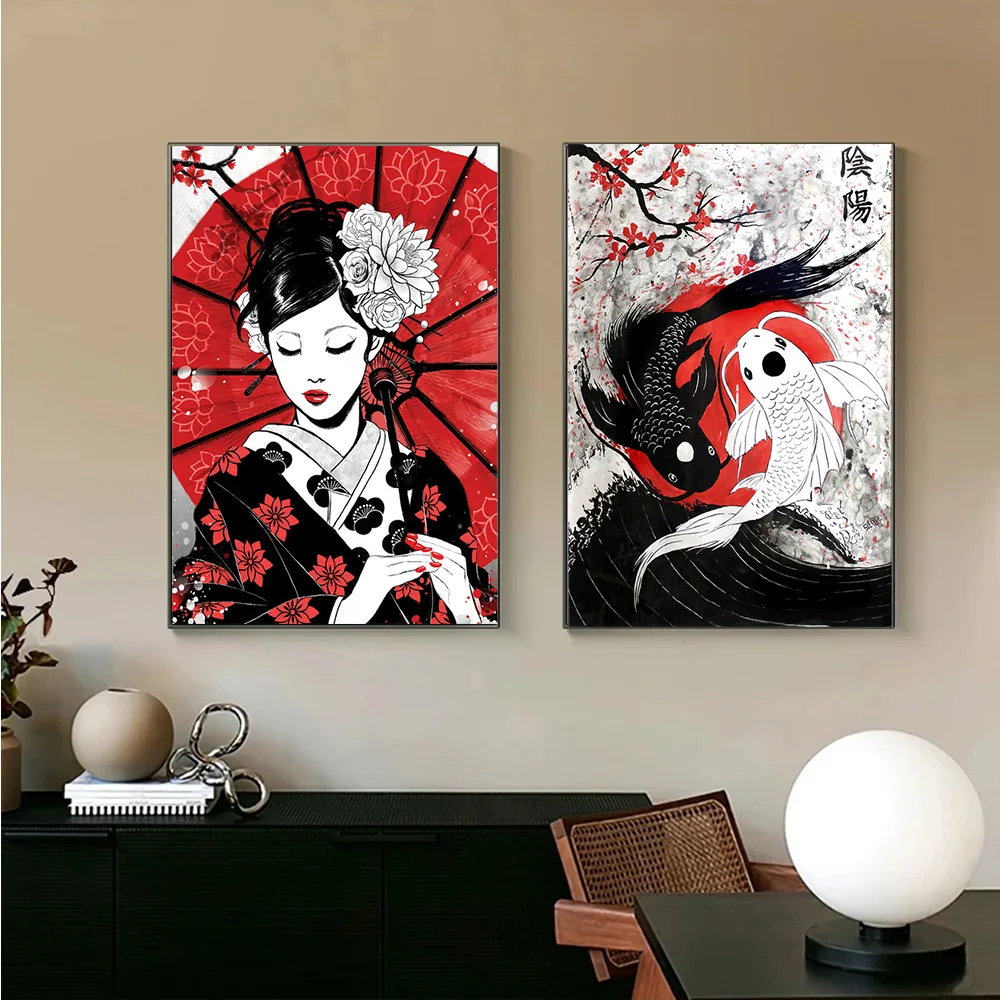 

Japanese Geisha Umbrella Girl And Yin-Yang Fish Art Canvas Painting Modern Posters and Prints Living Room Wall Art Home Decor