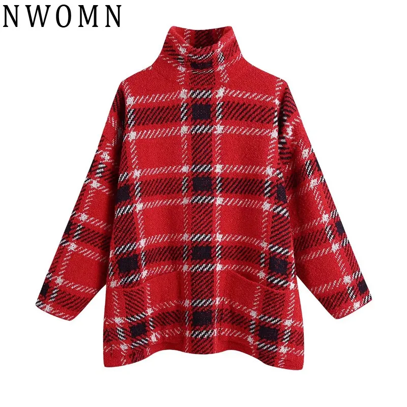 

NWOMN 2021 Women Sweater Knitted Plaid Loose Turtleneck Sweaters Woman Check Long Sleeve Basic Ribbed Knit Top Warm Pullover