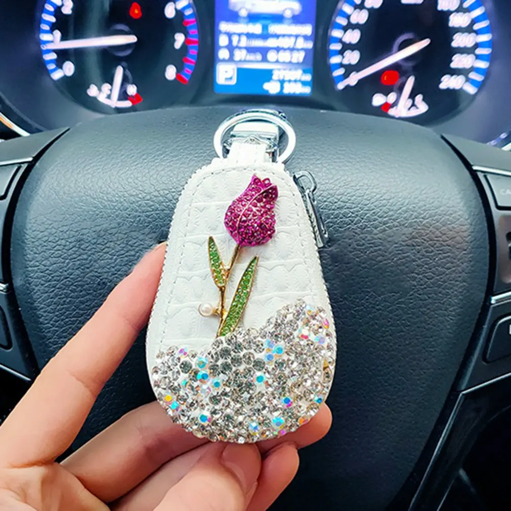 

1 Pcs New Car Diamond Rose Flower Car Key Cover Storage Box Crystal Diamond Keychain Remote Control Key Bag Interior Accessories