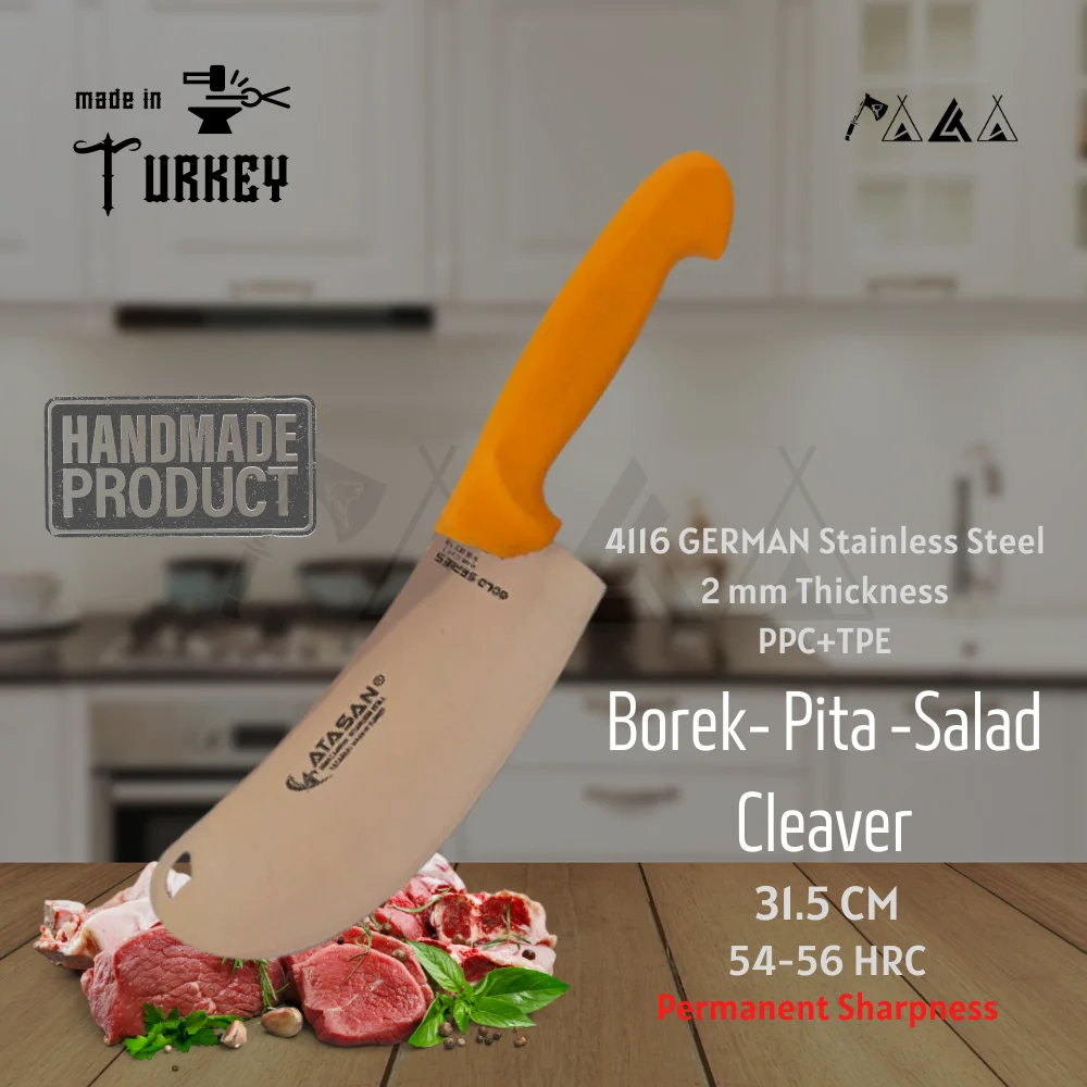 ATASAN Gold Series Borek Pita Salad Cleaver Chopping Knife Handmade High Quality Professional Stainless Steel Chefs Knives