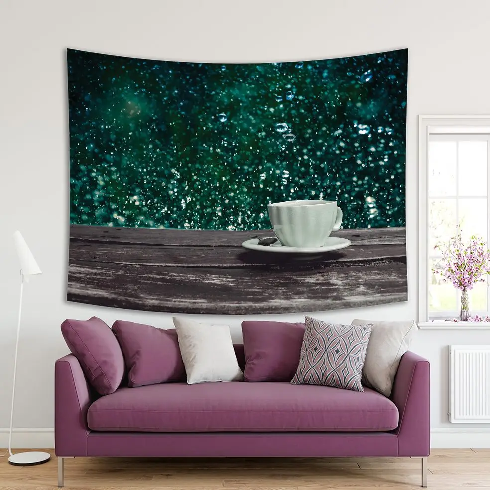 

Tapestry A Coffee Cup on Old Grunge Wooden Table with Rain Drops on Glass Window Background Green Brown Photo Printed