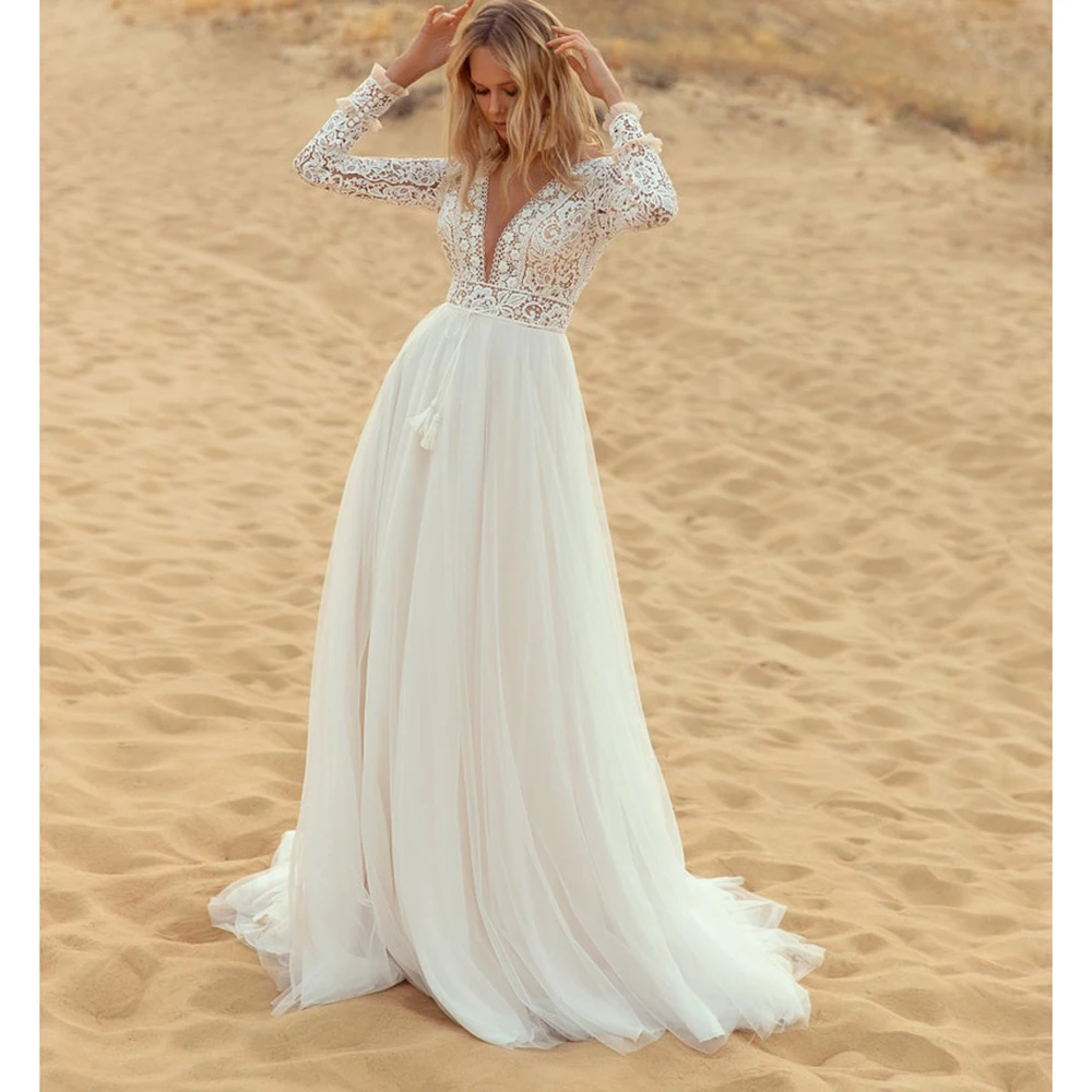 

A-LINE Wedding Dresses 2022 Bridal Gown Full Cap Sleeve Backless Sweep V-neck Netting Floor-Length Appliques Lace vestido noiva