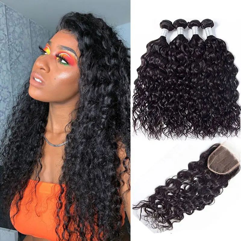 

Water Wave Bundles With Frontal 13x4 Brazilian Weave 30 Inch Hair Extension Virgin 5x5 Bundles With HD Transparent Lace Closure