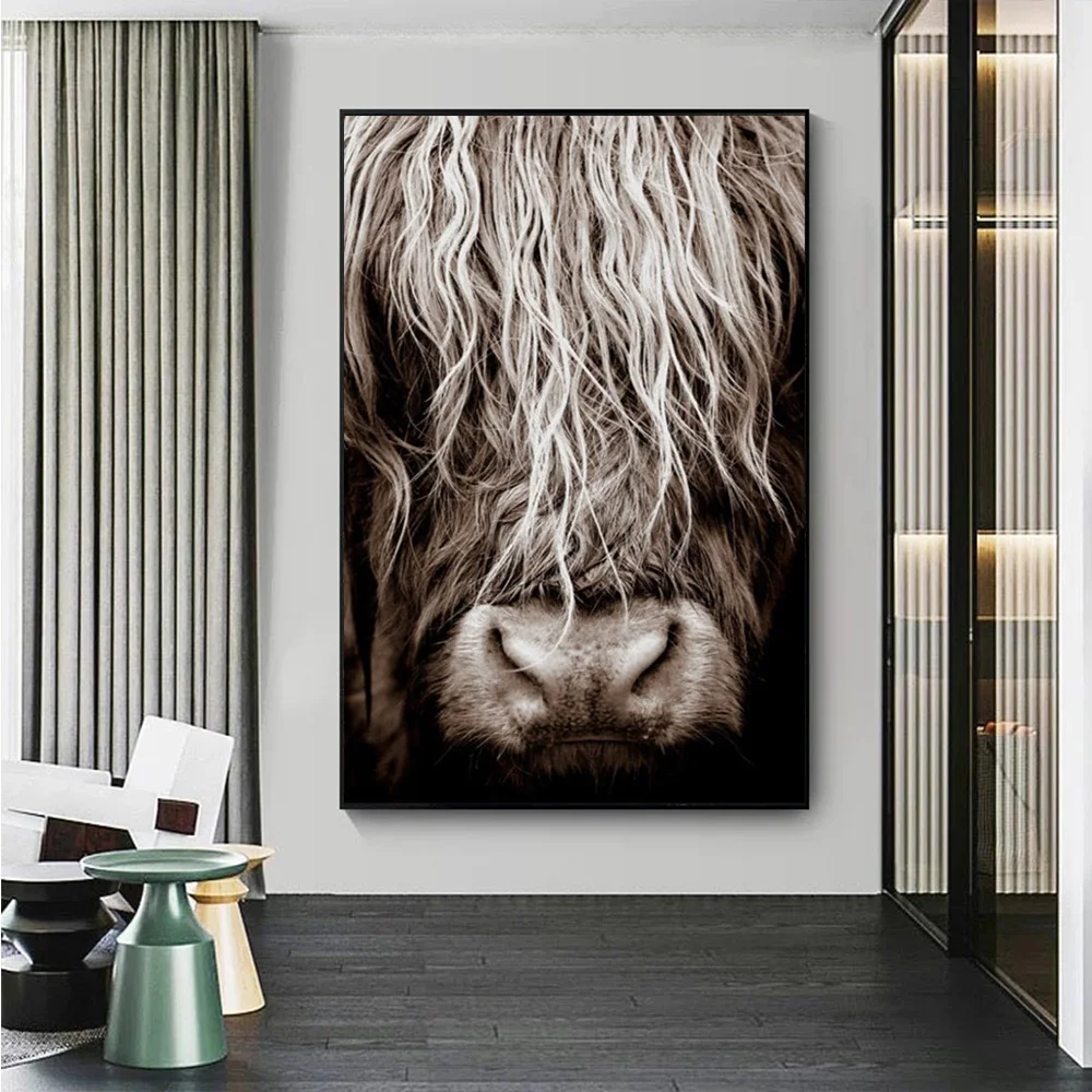 

Black and White Furry Highlands Yak Canvas Painting Minimalism Poster and Print Animal Picture For Living Room Wall Home Decor