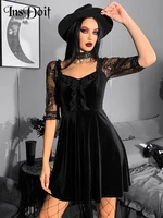 insdoit gothic velvet black summer mini dress women short sleeve see through a line dress aesthetic backless club sexy partywear