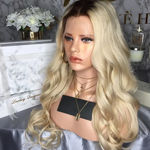Blonde JRX волосы 613 Омбре блонд объемная волна парик блонд с черным корнем человеческих волос Кружева передние парики для женщин 13*4 швейцарские парики на кружеве - Цвет волос: Blonde