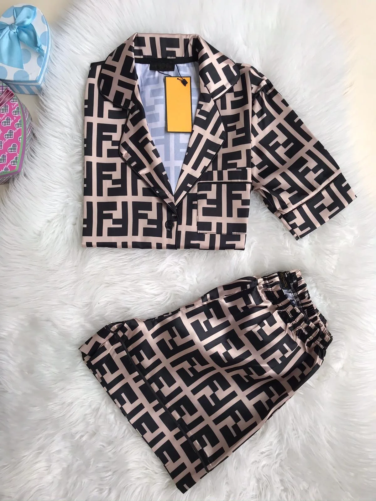 

Luxury Brown Design Short Satin Pajamas Set