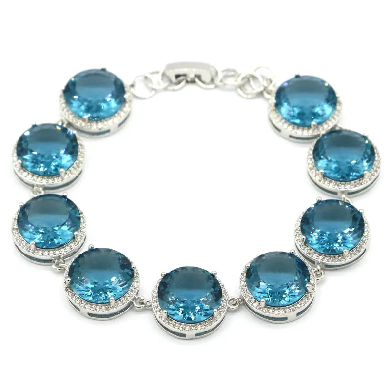 

15x15mm SheCrown Luxury Big Round 25g London Blue Topaz CZ Wedding Dating 925 Sterling Silver Bracelet 7.5-8.5"