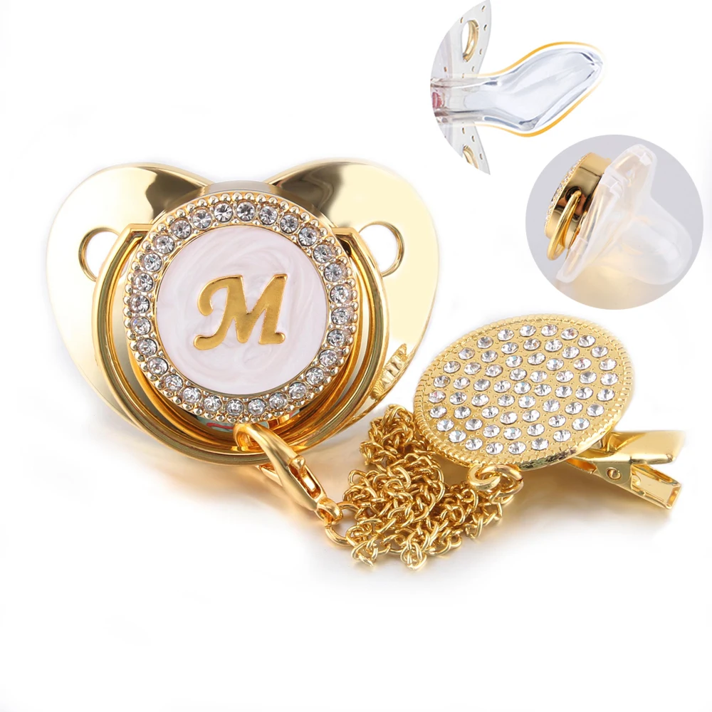 

Rhinestones Baby Pacifier Clip Chain 26 Letters Silicone Infant Nipple Baby Shower Gift BPA Free Dummy Soother 0-12 Months