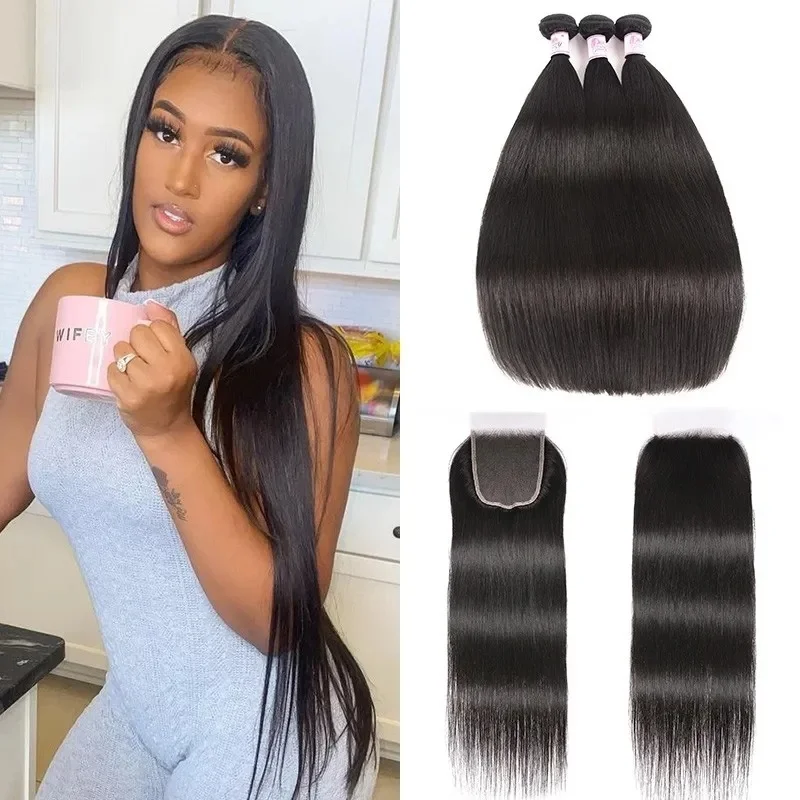 

Missanna 36 38 40Inch Straight Bundles With 5x5 Closure Brazilian 100% Human Hair Weaves 3+1 Thick Natural Black Color Remy Hair