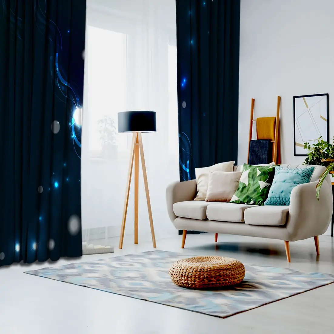 Online Curtain Abstract Glowing Curvy Lines In Dark Space With Stars Futuristic Wave Digital Artwork Blue White