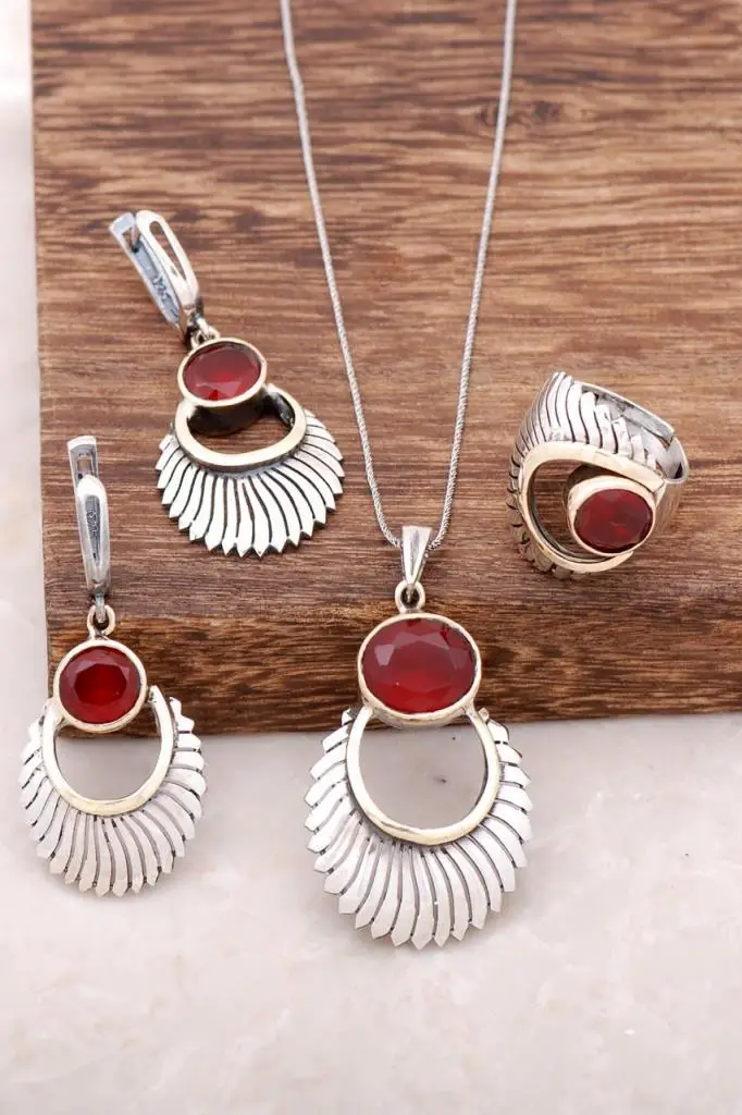 

Root with Ruby Stone Sun Design Handmade Silver Set 1965Hand Made Silver Jewellery Set