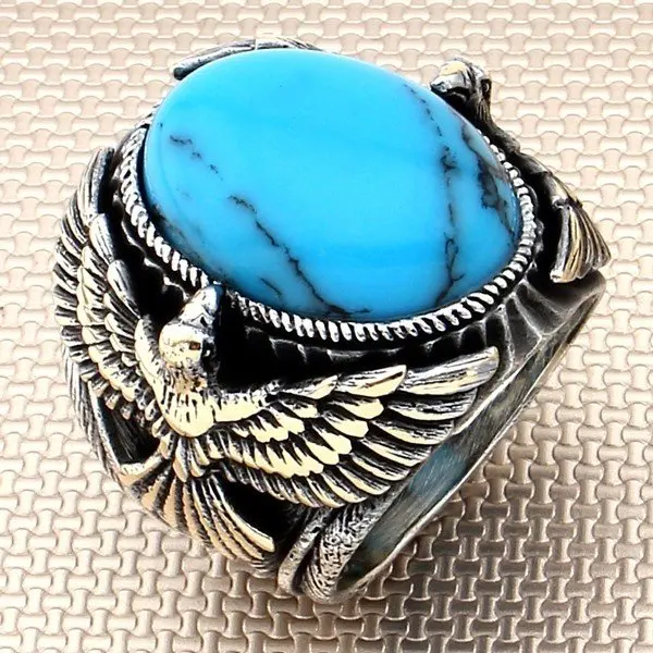 

Animal USA Eagle Ring Dished Oval Blue Raw Turquoise Stone Silver Ring Men Silver Ring Made in Turkey Solid 925 Sterling Silver