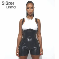 sisterlinda sexy backless black pu leather playsuit for women short romper hight quality sleeveless zipper skinny sport jumpsuit