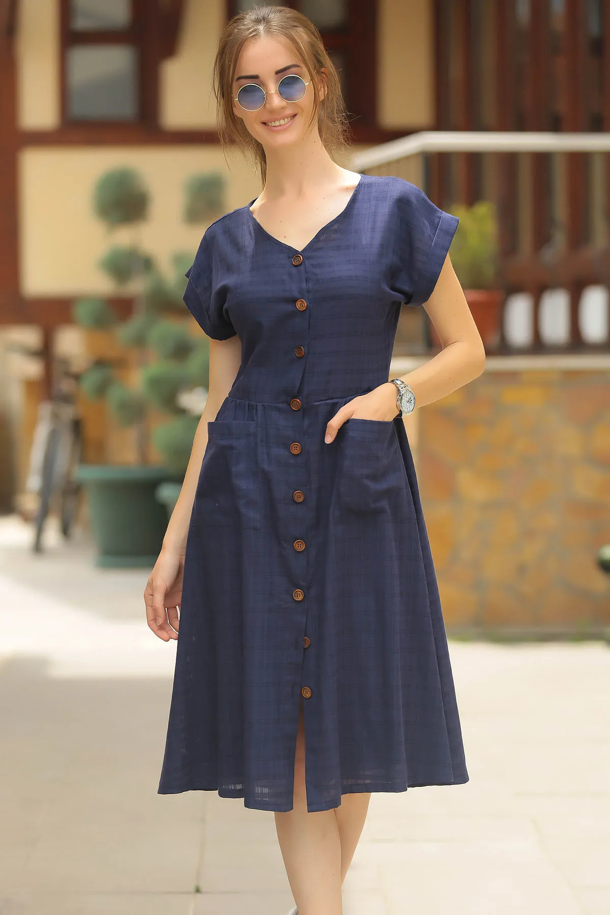 Женское платье на пуговицах Armonika темно-синее с карманом спереди ARM-18Y001138 | Женская