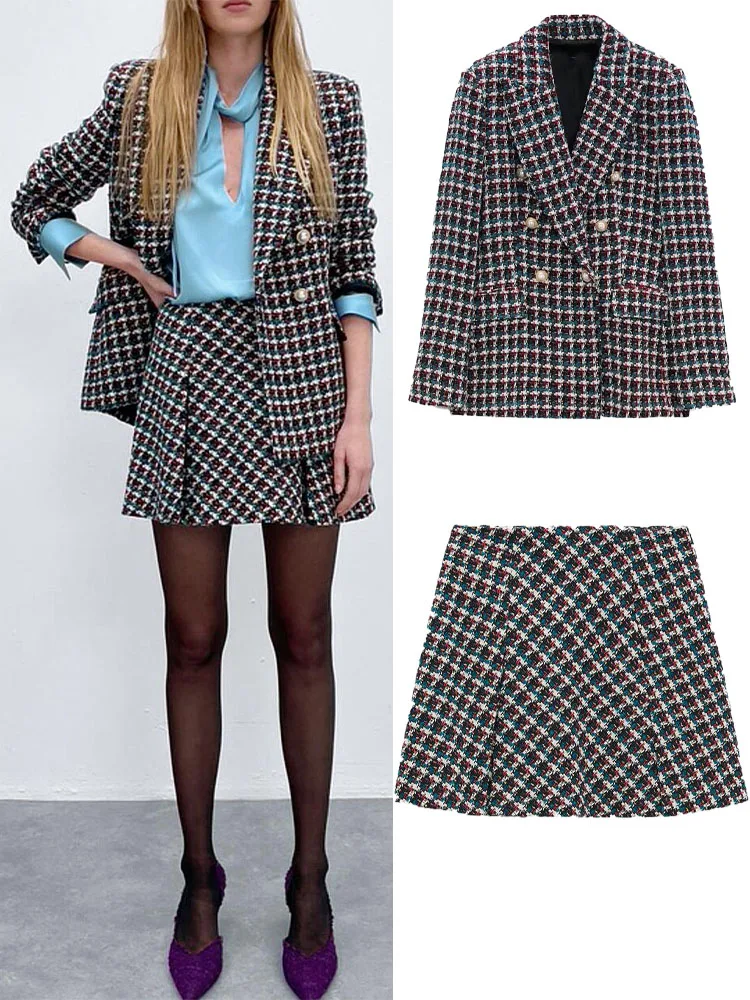 

2022autumn and winter new retro texture double-breasted suit casual jacket + temperament high waist design sense mini skirt