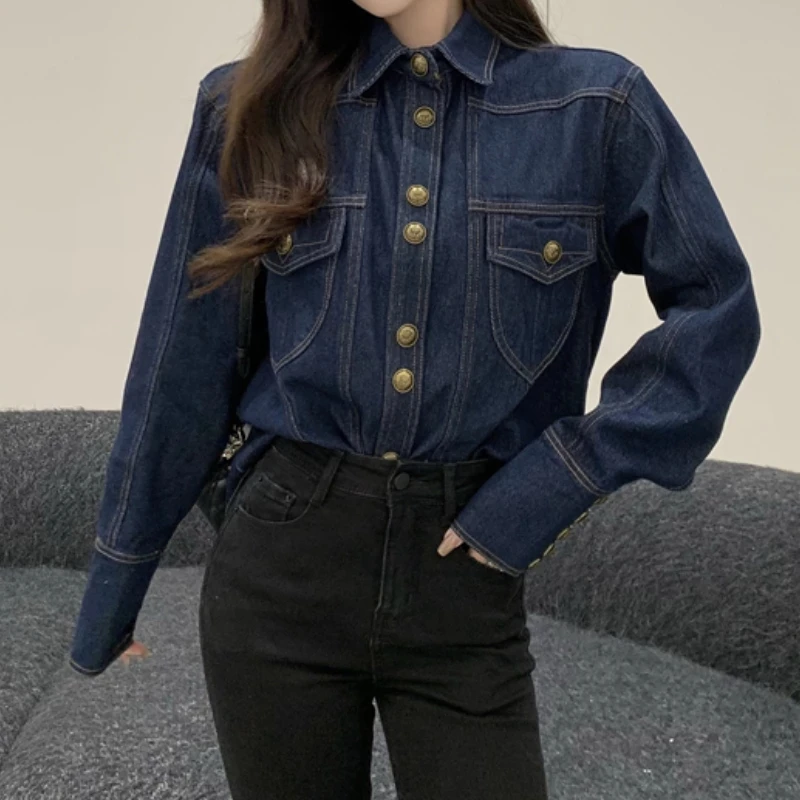 Женская Осенняя Повседневная джинсовая куртка с длинным рукавом однобортная