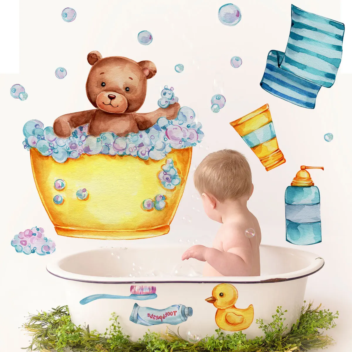 

New Cartoon Bear Self-Adhesive Bath Bathroom Sticker Children's Room Background Wall Decoration Removable Wall Sticker