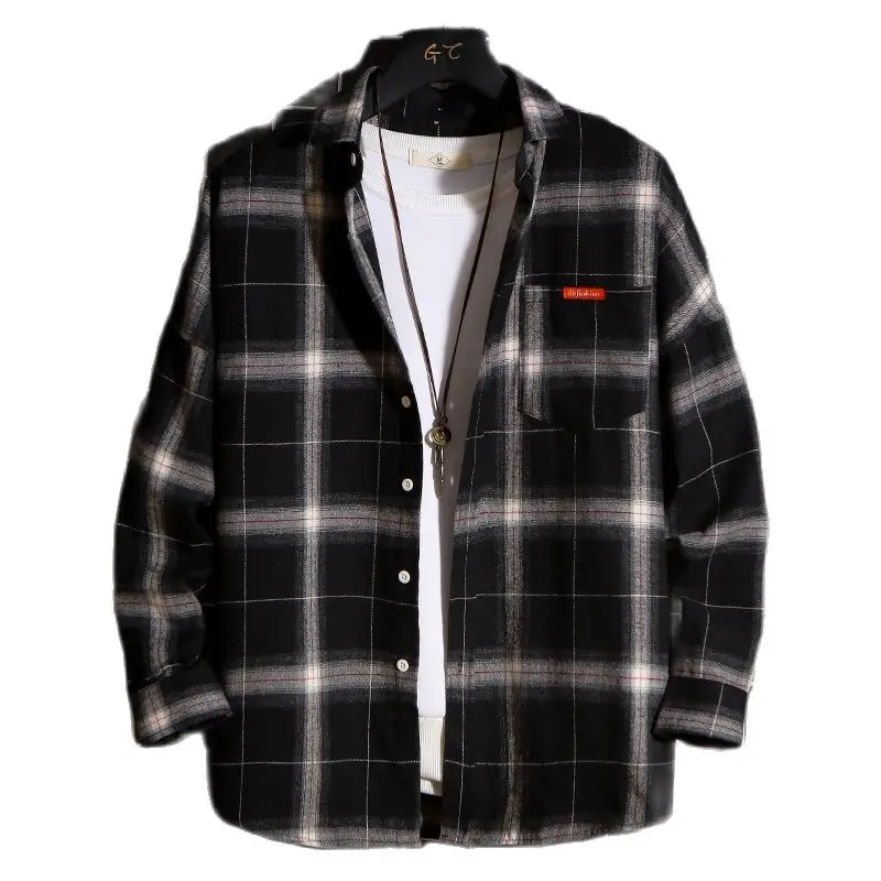 

2022 New Men Casual Plaid Flannel Shirt Long-Sleeved Chest Two Pocket Design Fashion Printed-Button