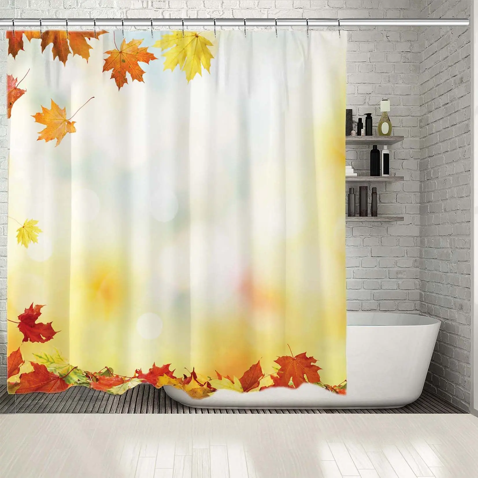 

Shower Curtain Falling Autumn Maple Leaves Natural Background Colorful Foliage in Parking Seasonal Scenery Yellow Red Orange