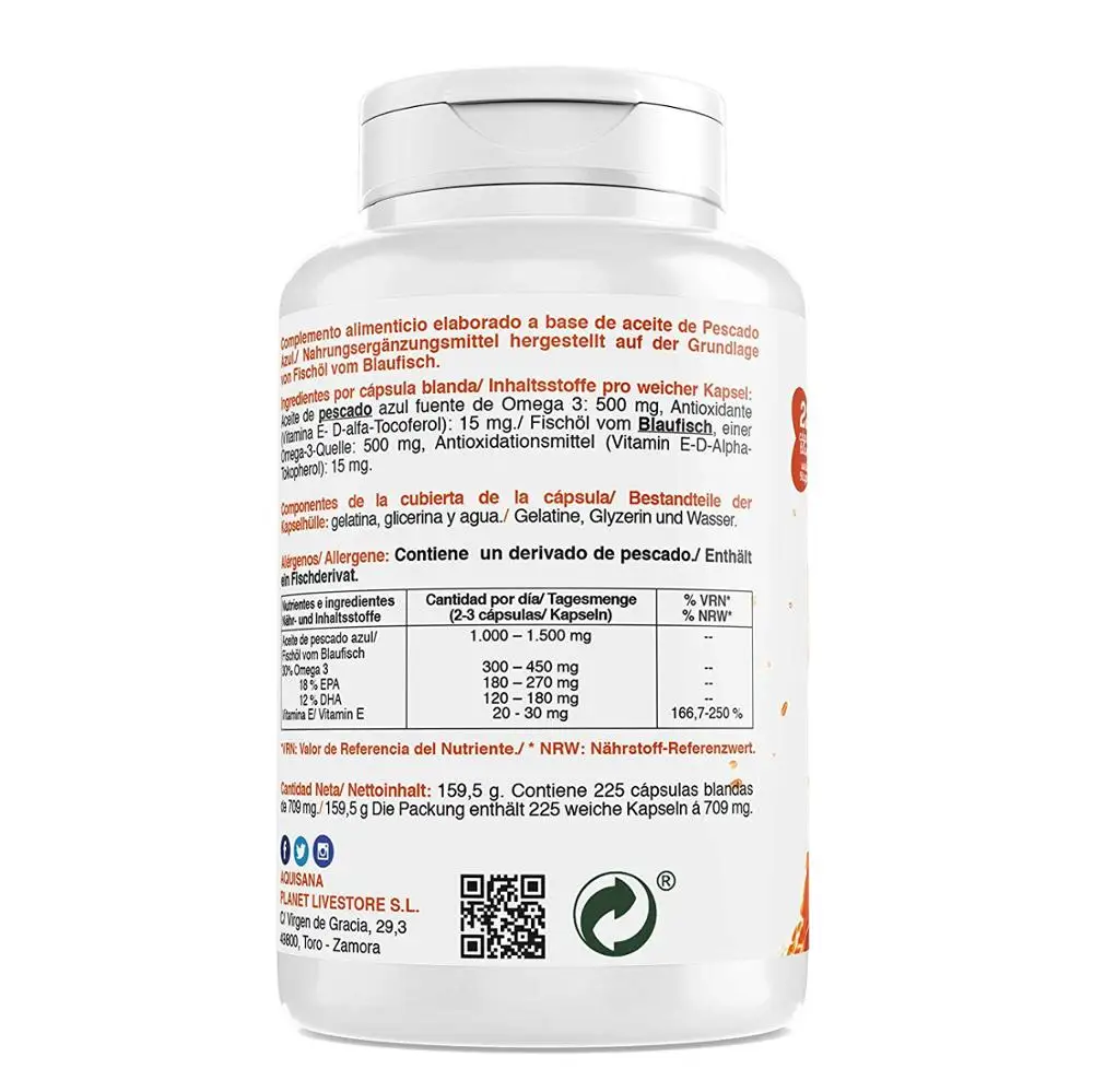 Капсулы Omega 3 | EPA и DHA Рыбное масло Улучшение кровообращения 225 капсул Aquisana Красота