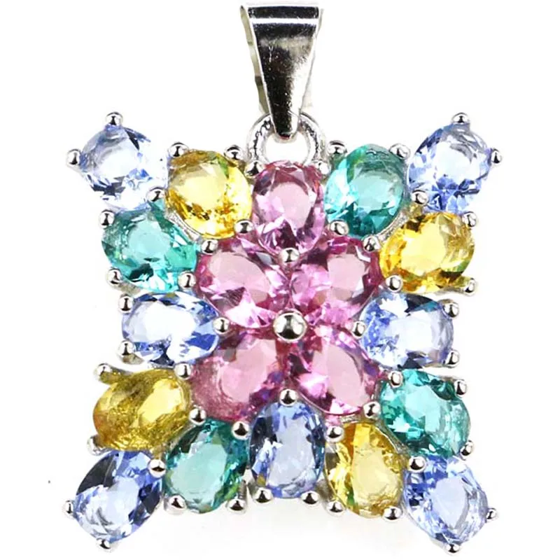 

23x17mm Jazaz Multi Color 2.5g Created Tourmaline Aquamarine Citrine Tourmaline For Women Daily Wear 925 Sterling Silver Pendant
