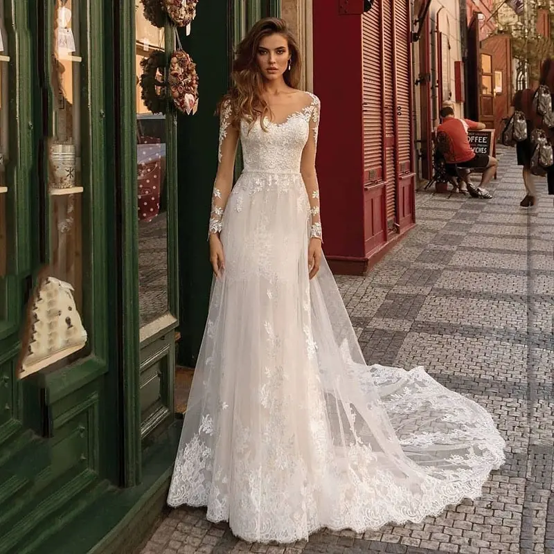 

13051#Boho Boat Neck Elegant Long Sleeves Buttons Illusion Bohemian Lace Applique Wedding Dress Sexy Sweep Train Bridal Gown