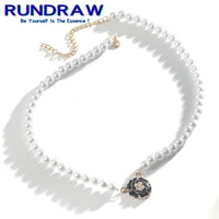 rundraw fashion gold color women black camellia pearl necklace titanium steel chain party gifts necklace