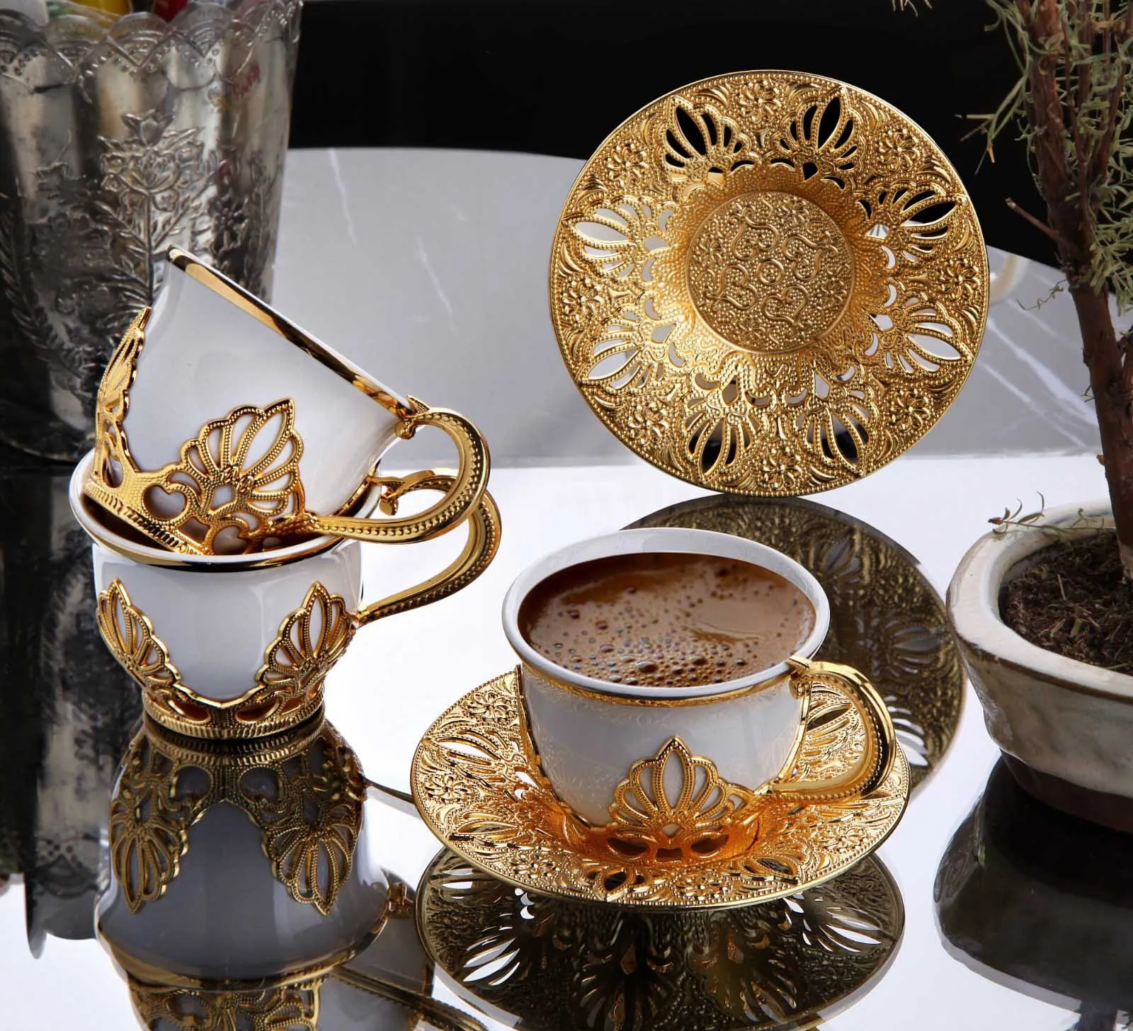 

​Turkish Handmade Serving Set Arabic Coffee Mugs Golden Coffee Cups and Saucers Serving Set Ceramic Silver Coffee Mugs