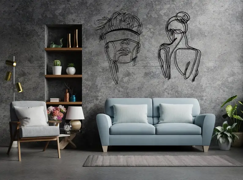 Arte de pared de l&iacute;nea, arte de pared de Metal de cara abstracta, 2 juegos, arte minimalista, decoraci&oacute;n de pared de Metal geom&eacute;trico, decoraci&oacute;n de interiores, geom&eacute;trico-3