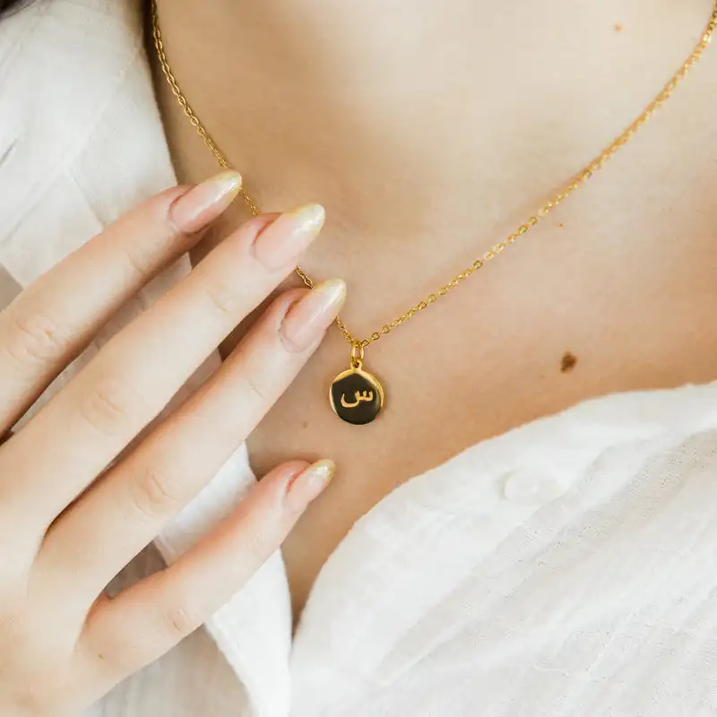 

Arabic Initial Letter Necklaces For Women Stainless Steel Alphabet Round Coin Chain Collar Collier Pendant Necklace Goth Jewelry