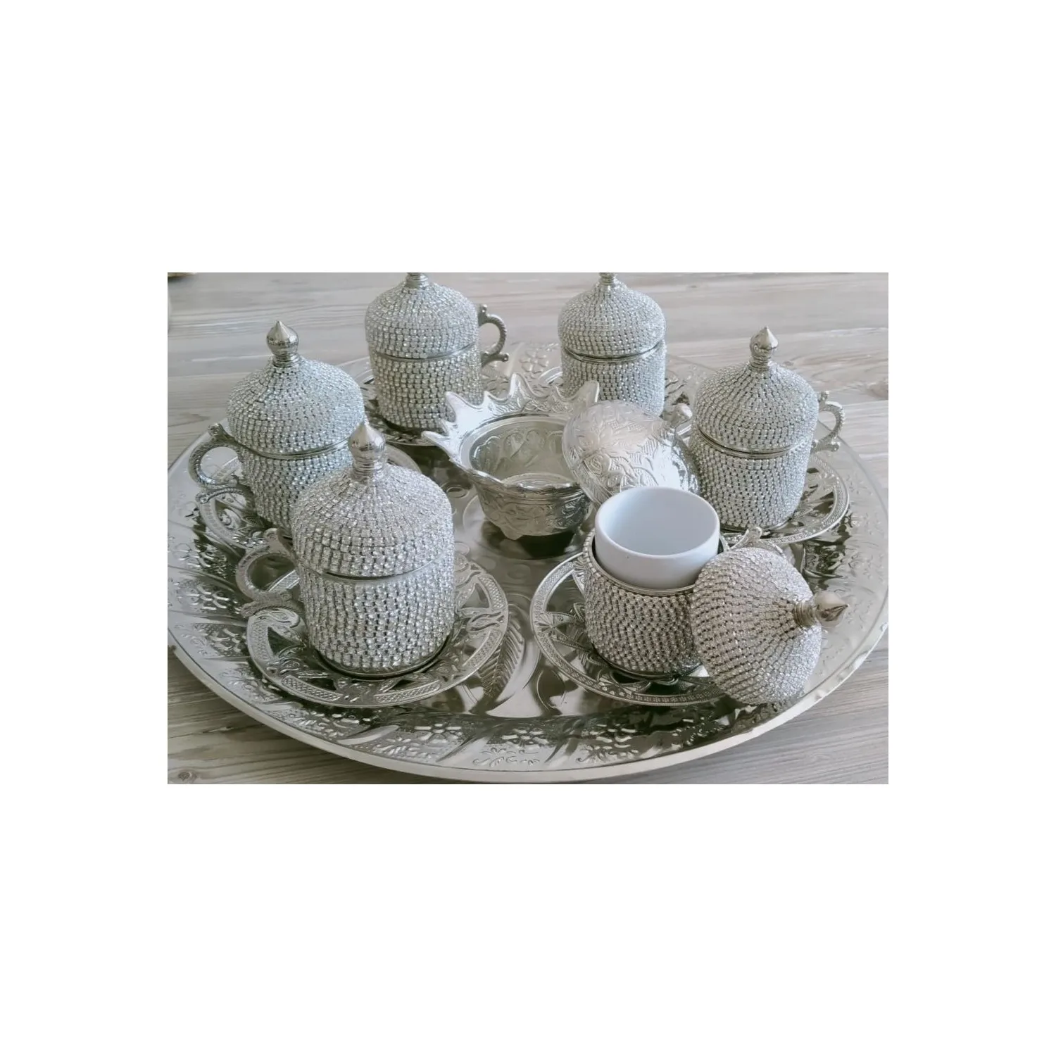 

Set of 6 Authentic Swarovski Turkish Coffee Cups and Saucers Set Lids with Arabic Set Handmade Home Decor espresso Coffee Set