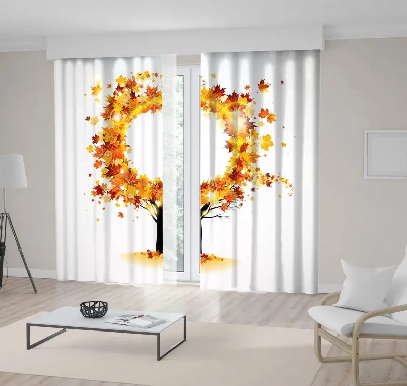 

Curtain Autumn Tree with Beautiful Flying Leaves Changing Weather Countryside Nature Cartoon Art Yellow Red