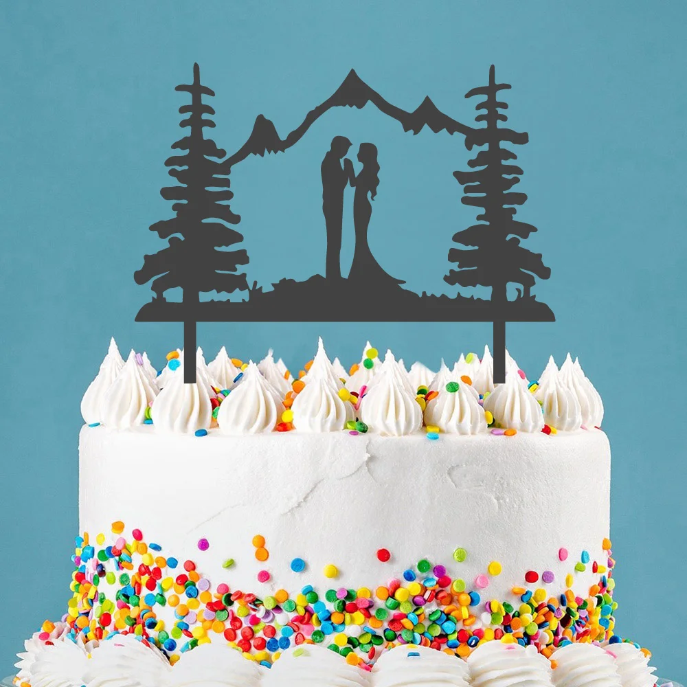 

Outdoor Wedding Cake Topper Bride and Groom Custom Name and Date Under Mountain Tree Couples Cake Topper