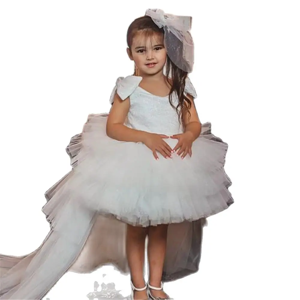 

White Flower Girl Dress Puffy Shining Princess Dresses For Girls Tulle Bow First Communion Gown Disassemble Skirt