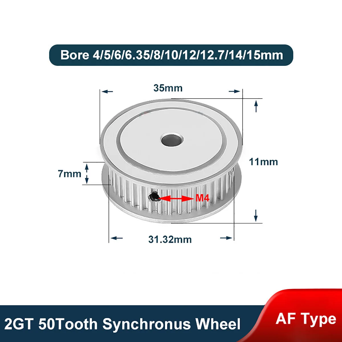 

2GT 50Tooth AF Type Synchronus Wheel Idler Pulley Bore 4/5/6/6.35/8/10/12/12.7/14/15mm Aluminium Timing Pulley Width 7mm