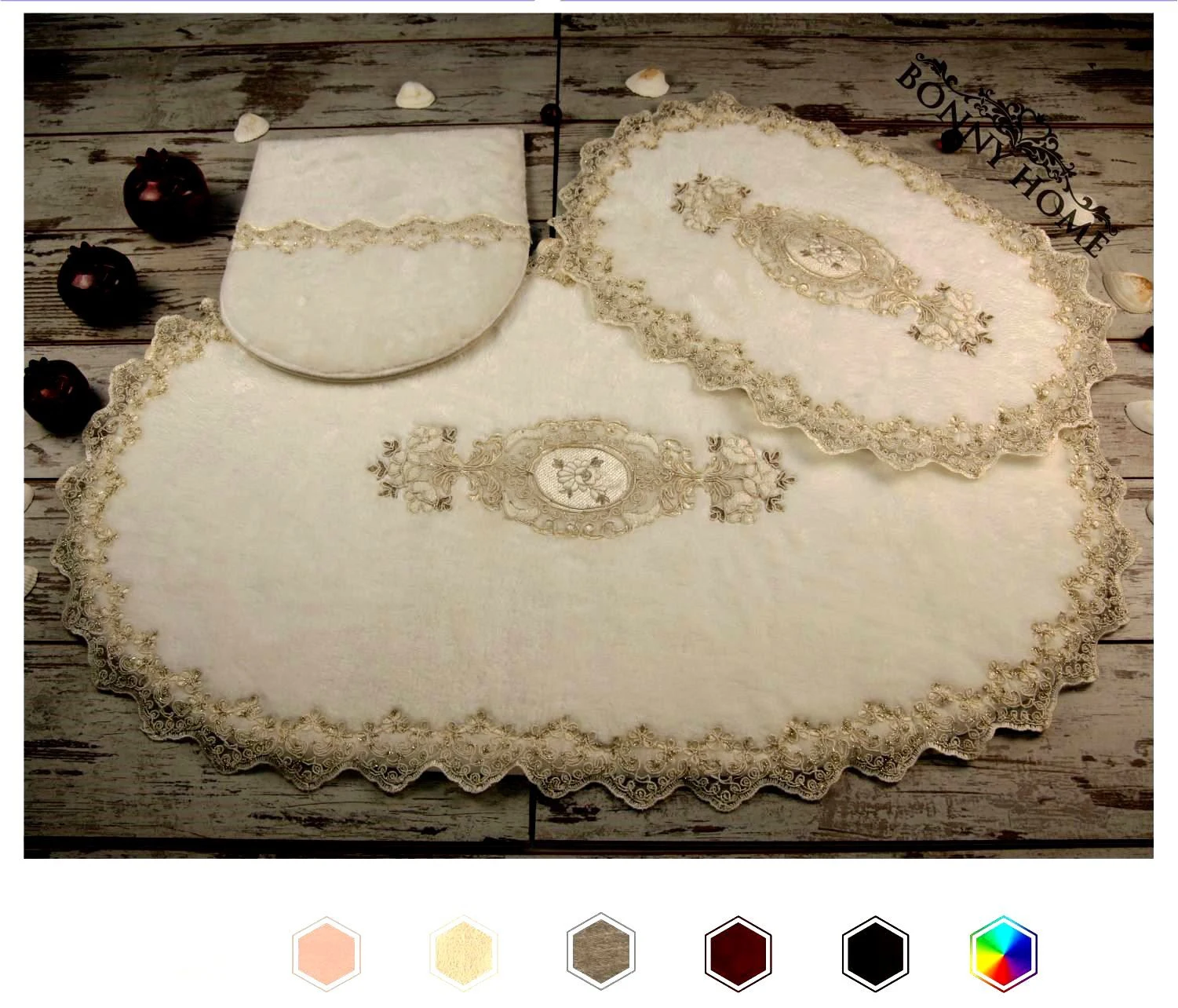 

Bonny Home Lisa White 3 Pieces Plush Bath Mat Non Slip Leather Based Machine Washable Lacy Rug Set