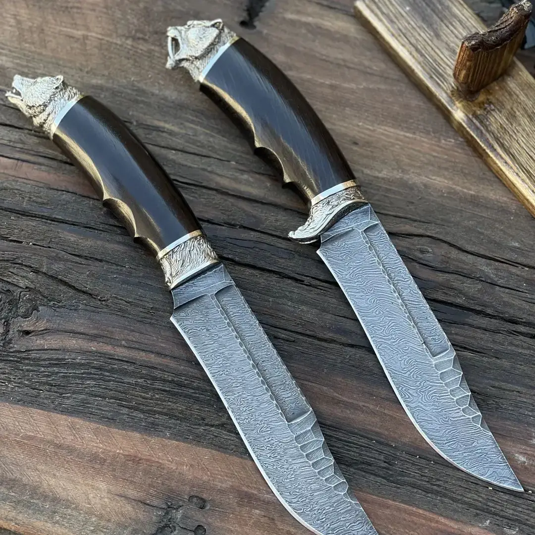 Knife hunting Kizlyar Saber Tooth Tiger bear blade Damascus handle black grab garde Melchior sheath leather |
