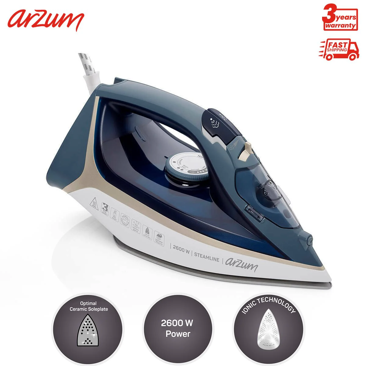 Arzum Steamline Iron Warm-Up Explosive Garment Steamers Heater Ceramic Base Vertical Steam Feature Water Spray 320 Ml Water Tank Capacity 120 Gr Shock Of Steam Adjustable Temperature Vertical Steam Feature Anti-Drip