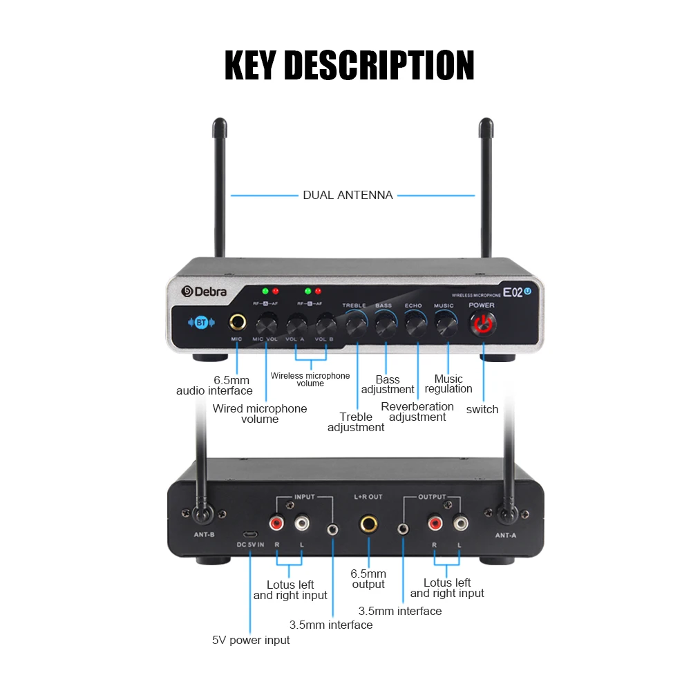 Беспроводная микрофонная система Debar E02U 2 портативных с Bluetooth и реверберацией для